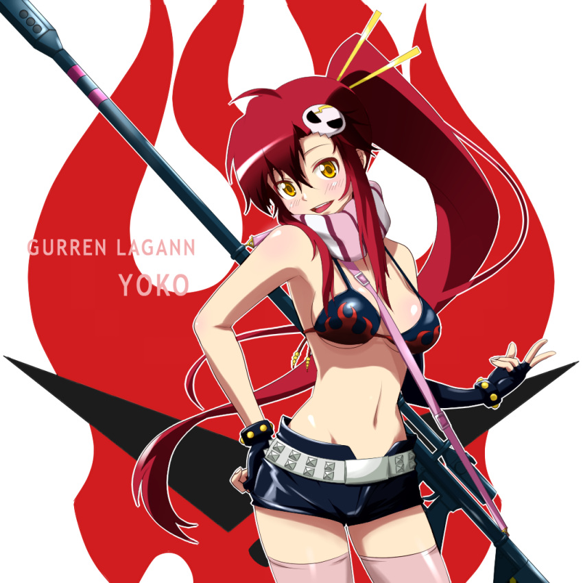 1girl 3nami73 anti-materiel_rifle belt bikini_top fingerless_gloves gloves gun hair_ornament long_hair navel ponytail redhead rifle scarf short_shorts shorts smile sniper_rifle solo tengen_toppa_gurren_lagann thighhighs weapon yellow_eyes yoko_littner