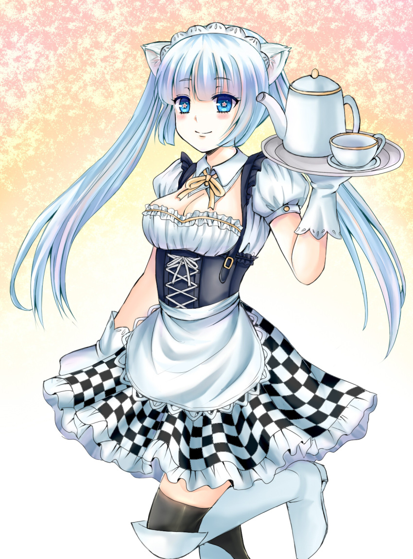 1girl animal_ears blue_eyes boots bow cat_ears checkered checkered_skirt corset cup detached_collar gloves highres kneehighs long_hair maid maid_apron maid_headdress miss_monochrome miss_monochrome_(character) puffy_sleeves short_sleeves skirt smile solo standing_on_one_leg star star-shaped_pupils symbol-shaped_pupils teacup teapot thighhighs tray white_gloves white_hair zettai_ryouiki