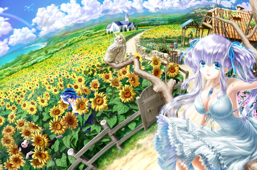 2girls bird black_sheep blue_eyes blue_hair blush breasts cleavage dress flower hair_ribbon hat highres jewelry large_breasts long_hair multiple_girls necklace owl purple_hair rainbow ribbon sheep sitting skirt sky smile sunflower tougami tree_branch twintails