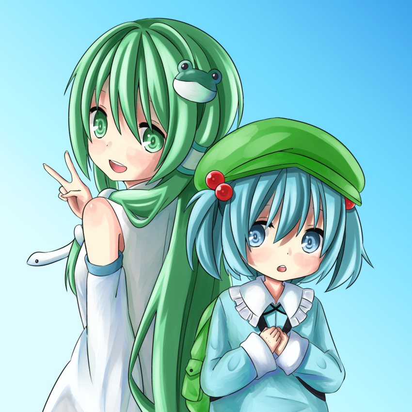 2girls back-to-back backpack bag blue_background blue_eyes blue_hair blush_stickers detached_sleeves dress frog_hair_ornament gradient gradient_background green_eyes green_hair hair_bobbles hair_ornament hair_tubes hands_on_own_chest hands_together hat highres kawashiro_nitori kochiya_sanae long_hair long_sleeves looking_at_viewer looking_over_shoulder multiple_girls open_mouth sabutarein short_hair simple_background snake_hair_ornament touhou twintails v