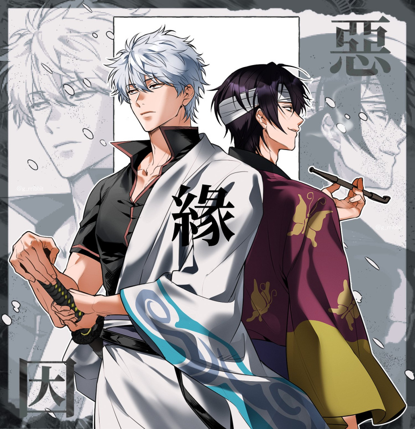 2boys adam's_apple back-to-back bandaged_head bandages black_hair closed_mouth commentary_request g_rribbit gintama highres holding holding_smoking_pipe holding_weapon japanese_clothes katana korean_commentary male_focus multiple_boys parted_lips red_eyes sakata_gintoki scabbard sheath sheathed short_hair smoke smoke_trail smoking_pipe sword takasugi_shinsuke translation_request weapon white_hair zoom_layer
