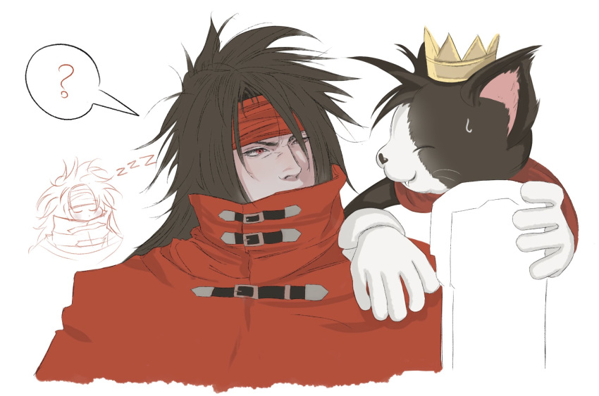 1boy ? black_hair cait_sith_(final_fantasy) cat cloak crown final_fantasy final_fantasy_vii final_fantasy_vii_rebirth final_fantasy_vii_remake gloves hashtag-only_commentary headband highres long_hair looking_at_another male_focus mini_crown naormiuo red_cloak red_eyes red_headband simple_background spoken_question_mark sweatdrop upper_body vincent_valentine white_gloves zzz