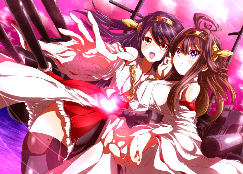 2girls bare_shoulders black_hair black_legwear blush boots breasts brown_eyes brown_hair cannon detached_sleeves double_bun ekitaiidou hair_ornament hairband haruna_(kantai_collection) headgear heart heart-shaped_pupils japanese_clothes kantai_collection kongou_(kantai_collection) long_hair miko multiple_girls open_mouth personification skirt smile symbol-shaped_pupils thigh_boots thighhighs turret violet_eyes wide_sleeves