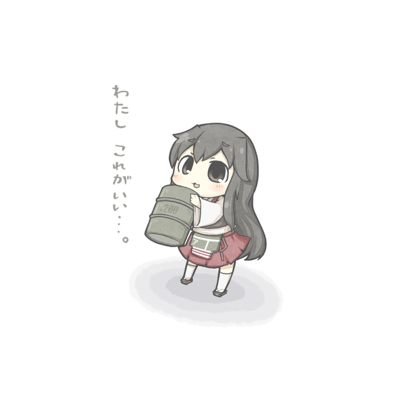 1girl akagi_(kantai_collection) armor barrel brown_eyes brown_hair chibi commentary highres japanese_clothes kantai_collection long_hair muneate open_mouth personification sandals socks solo yuasan