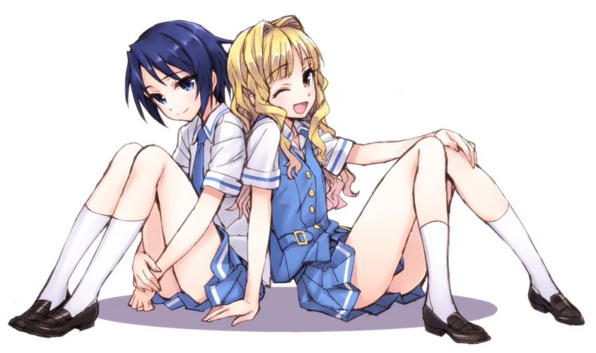 2girls ;d back-to-back blonde_hair blue_eyes blue_hair character_request cross_channel loafers long_hair looking_at_viewer matsuryuu multiple_girls necktie open_mouth school_uniform shoes short_hair short_sleeves sitting smile white_legwear wink yellow_eyes
