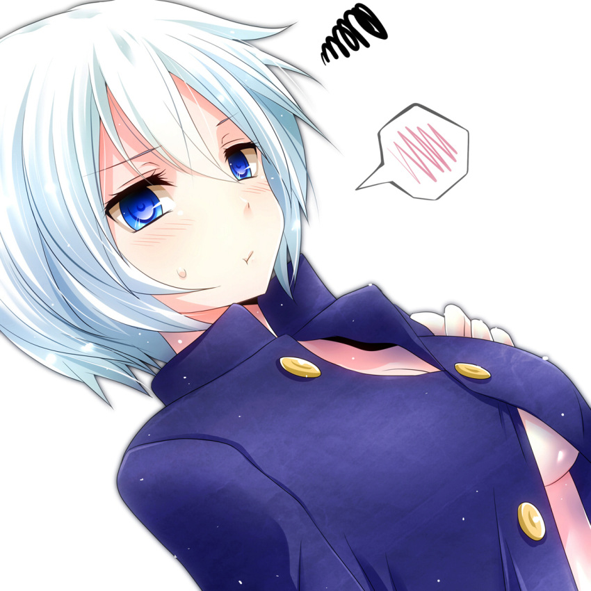1girl blue_eyes blush breasts buttons character_request highres no_bra pout rip-off_(manga) shirt shirt_only short_hair simple_background solo spoken_blush squiggle watarui white_background white_hair