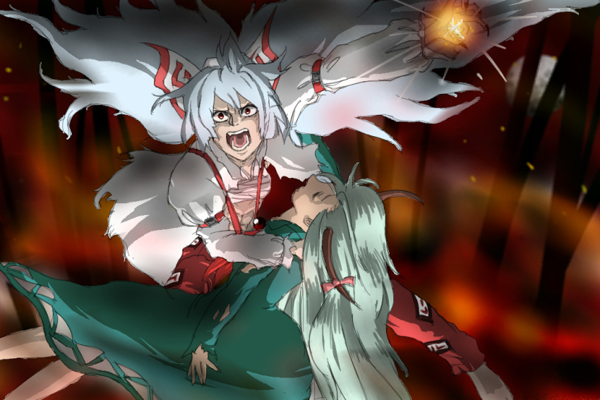 2girls angry closed_eyes ex-keine fujiwara_no_mokou holding kamishirasawa_keine long_hair moco0226 multiple_girls open_mouth touhou