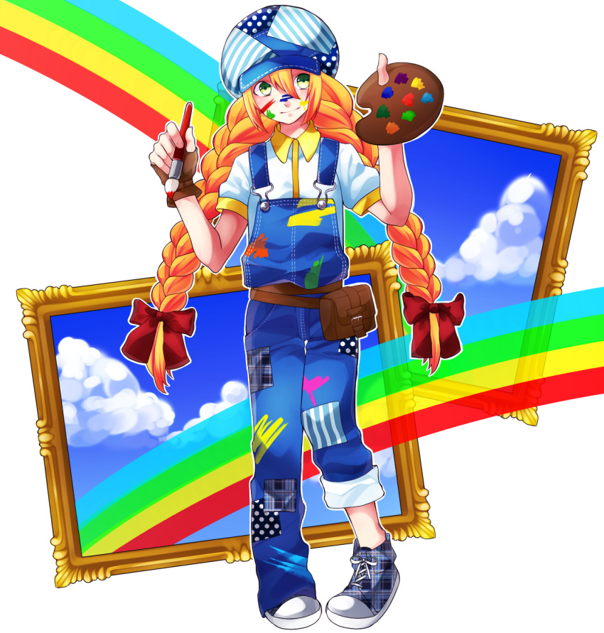 1girl blonde_hair dirty frame green_eyes hat highres long_hair original overalls paint paintbrush palette rainbow shoes smile sneakers solo twintails