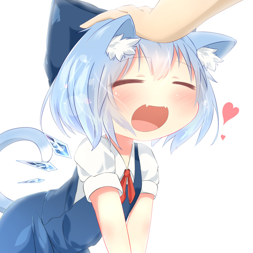 1girl akisha all_fours animal_ears blue_dress blue_hair blush bow cat_ears cat_tail cirno closed_eyes dress fangs hair_bow hand_on_head heart highres ice kemonomimi_mode open_mouth petticoat puffy_sleeves shirt short_sleeves simple_background smile tail touhou white_background
