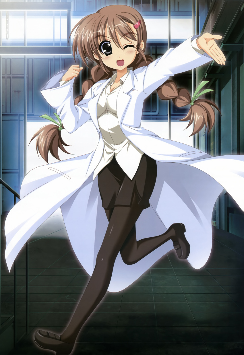 1girl absurdres black_eyes brown_hair character_request highres labcoat legs lyrical_nanoha mahou_senki_lyrical_nanoha_force mahou_shoujo_lyrical_nanoha nyantype official_art pantyhose solo twintails wink