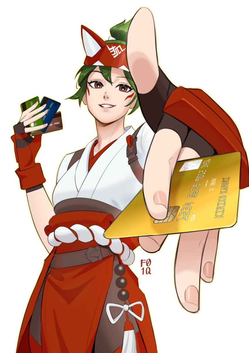 1girl brown_eyes card commentary credit_card english_commentary f01q_art fox_headband gloves headband highres holding holding_card japanese_clothes kiriko_(overwatch) miko overwatch pants red_gloves red_headband red_shirt shirt white_shirt
