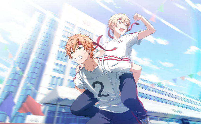 2boys :d banner black_pants blonde_hair blonde_streaks blue_sky blurry blurry_background blush brown_eyes building carrying character_name clouds collarbone colorful_palette depth_of_field flag game_cg gradient_hair hakunetsu!_kamikou_ouendan!_(project_sekai) headband highres male_focus multicolored_hair multiple_boys official_art orange_eyes orange_hair pants piggyback project_sekai red_headband shinonome_akito shirt sky smile teeth tenma_tsukasa third-party_source tongue upper_teeth_only v-shaped_eyebrows white_shirt
