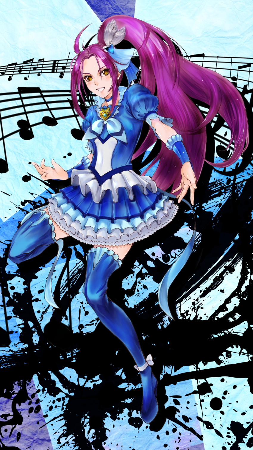 1girl absurdres blue_background blue_legwear boots brooch choker cure_beat dress frills hair_ornament heart highres jewelry kurokawa_eren long_hair magical_girl musical_note precure purple_hair ribbon rikune seiren_(suite_precure) side_ponytail smile solo suite_precure thigh-highs thigh_boots yellow_eyes