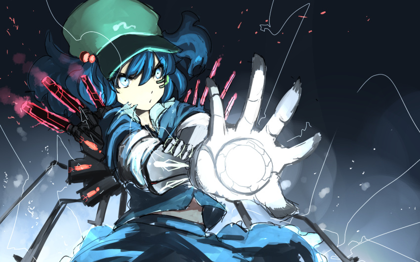 1girl arm_cannon backpack bag blue_eyes blue_hair facial_mark glowing glowing_eyes glowing_weapon hair_bobbles hair_ornament hat kawashiro_nitori mechanical_arm outstretched_arm rikkido rough shirt skirt skirt_set solo sparks touhou twintails weapon