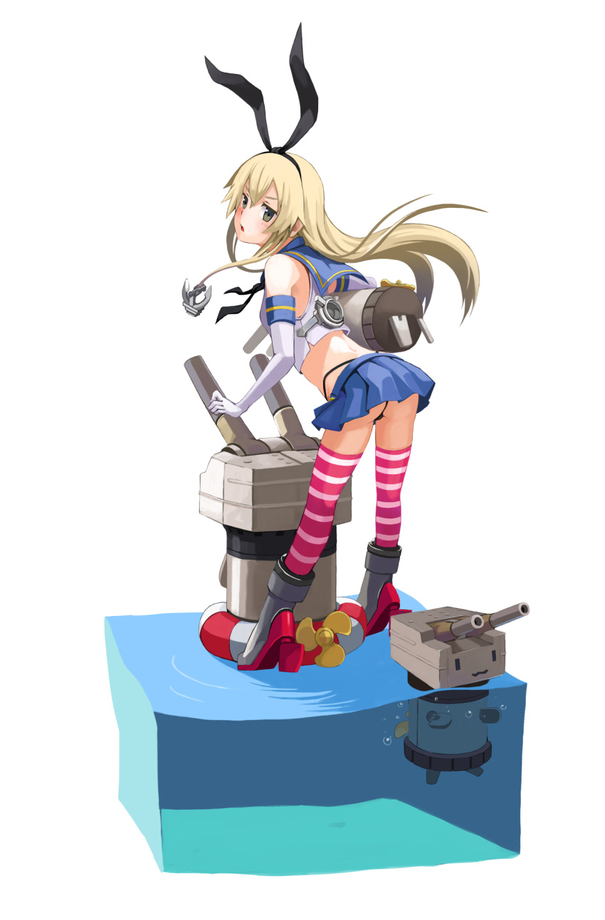 1girl anchor black_panties blonde_hair boots brown_eyes elrowa highres kantai_collection long_hair panties personification rensouhou-chan shimakaze_(kantai_collection) simple_background skirt striped striped_legwear thigh-highs underwear water white_background