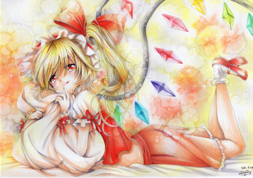 1girl blonde_hair blush flandre_scarlet hat hat_ribbon legs_up licking_lips looking_at_viewer lying marker_(medium) midriff mob_cap mosho on_stomach pencil_crayon_(medium) pillow pillow_hug puffy_sleeves red_eyes red_shoes ribbon shirt shoes short_sleeves side_ponytail signature skirt skirt_set solo touhou traditional_media vest wings wrist_cuffs