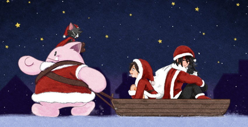 1boy 1girl 1other animal_on_head black_gloves black_hair black_pants boots brown_boots cait_sith_(final_fantasy) cape capelet cat cat_on_head christmas coat creature final_fantasy final_fantasy_vii fur-trimmed_capelet fur-trimmed_coat fur-trimmed_hood fur_trim gloves hair_between_eyes hat headband holding holding_sack hood hugging_own_legs long_hair moogle on_head on_roof open_mouth pants red_boots red_cape red_headband s_m_man sack santa_hat short_hair sky sleigh smile star_(sky) starry_sky tuxedo_cat vincent_valentine yuffie_kisaragi