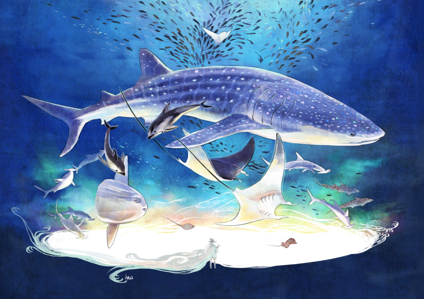 1girl absurdly_long_hair animal bow child dolphin fish from_behind glowing hammerhead_shark hwei long_hair manta_ray original ponytail shark shorts solo standing stingray sunfish underwater very_long_hair water whale_shark white_hair