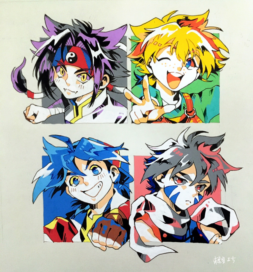 4boys :d bakuten_shoot_beyblade bandaged_arm bandages bare_shoulders beyblade blonde_hair blue_eyes blush brown_overalls chinese_clothes clenched_hand column_lineup commentary_request curtained_hair facial_mark fangs fingerless_gloves freckles frown gloves gold_trim green_shirt grey_background grey_hair grid_lineup grin hair_between_eyes hair_tubes hat headband highres hiwatari_kai incoming_fist_bump jacket kinomiya_takao kon_rei looking_at_viewer low_twintails mandarin_collar mizuhara_max multicolored_hair multiple_boys one_eye_closed open_clothes open_jacket open_mouth outstretched_arm overalls parted_bangs purple_hair purple_shirt reaching reaching_towards_viewer red_eyes red_headband red_jacket round_teeth ruchi_(nxje5533) sanpaku scarf shirt sidelocks signature skin_fangs slit_pupils smile spiky_hair teeth thick_eyebrows twintails two-tone_hair upper_teeth_only w white_scarf yellow_eyes yellow_shirt yin_yang