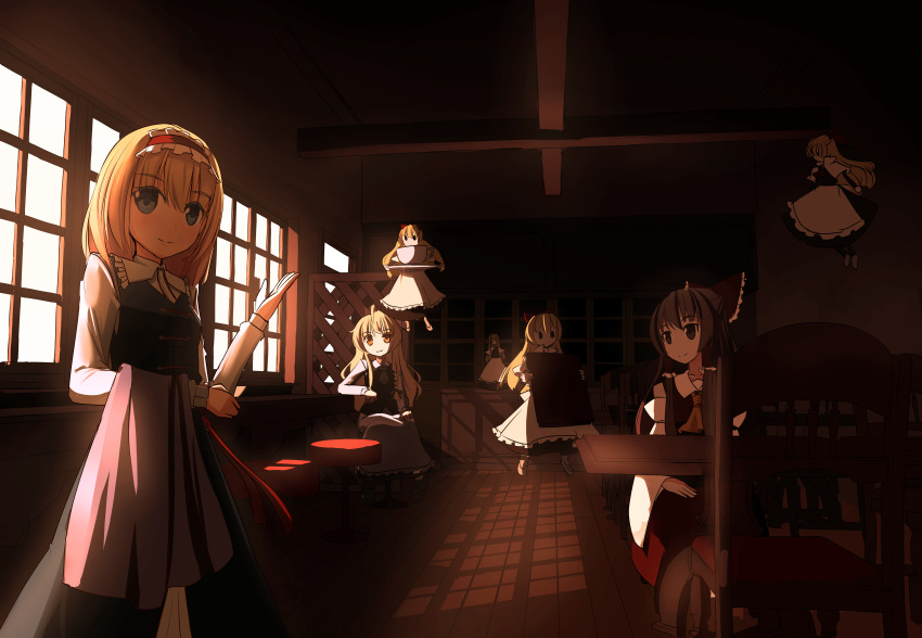 3girls absurdres ahoge alice_margatroid apron arm_rest arm_up ascot blonde_hair blue_eyes bow braid brown_hair carrying chair clere cup detached_sleeves dress flying hair_bow hair_tubes hairband hakurei_reimu highres indoors kirisame_marisa lolita_hairband long_hair long_sleeves looking_at_viewer multiple_girls no_hat orange_eyes restaurant ribbon saucer shade shanghai_doll short_hair single_braid sitting skirt skirt_set smile solid_circle_eyes stool sunlight table touhou towel waist_apron window