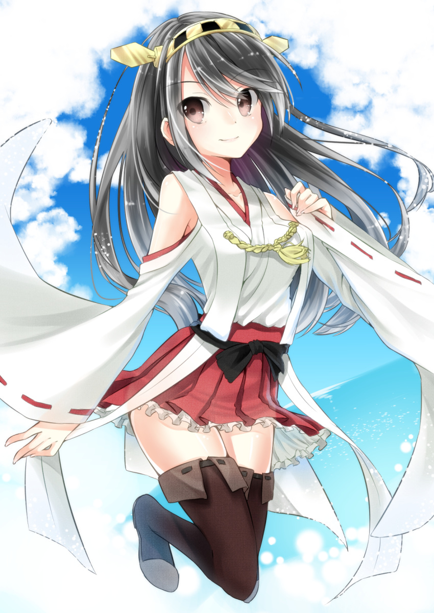 1girl bare_shoulders black_hair black_legwear blue_sky blush boots breasts brown_eyes clouds detached_sleeves hair_ornament hairband haruna_(kantai_collection) headgear highres japanese_clothes kantai_collection long_hair miko personification ribbon_trim skirt sky solo thigh_boots thighhighs tika_(mika4975)