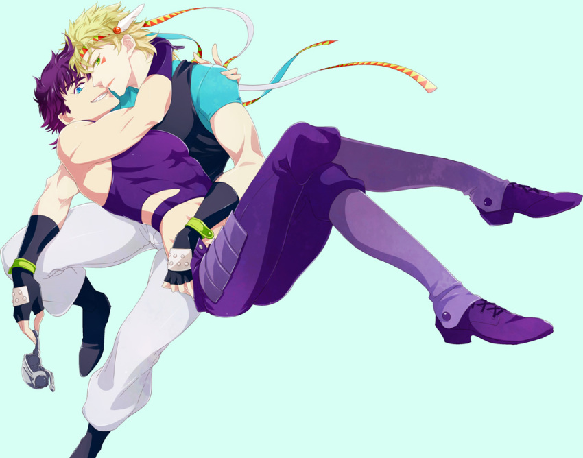 2boys blonde_hair blue_eyes caesar_anthonio_zeppeli facial_mark feathers fingerless_gloves gloves green_eyes hair_feathers headband hiokirasu holding_mask jojo_no_kimyou_na_bouken joseph_joestar_(young) midriff multiple_boys scarf