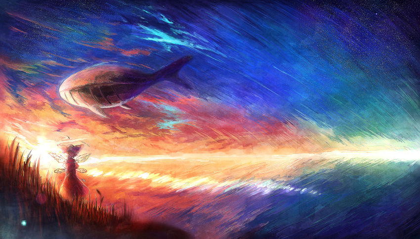 1girl backlighting bow cirno dress flying_whale from_behind grass hair_bow highres hill otukimi outdoors short_hair sky solo star_(sky) starry_sky touhou twilight wings