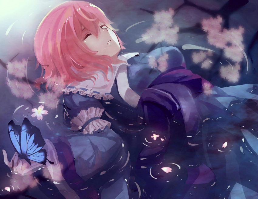 1girl breasts butterfly cherry_blossoms closed_eyes floating highres izumi4195202 lips long_sleeves no_hat obi petals pink_hair ripples saigyouji_yuyuko short_hair smile touhou water wide_sleeves