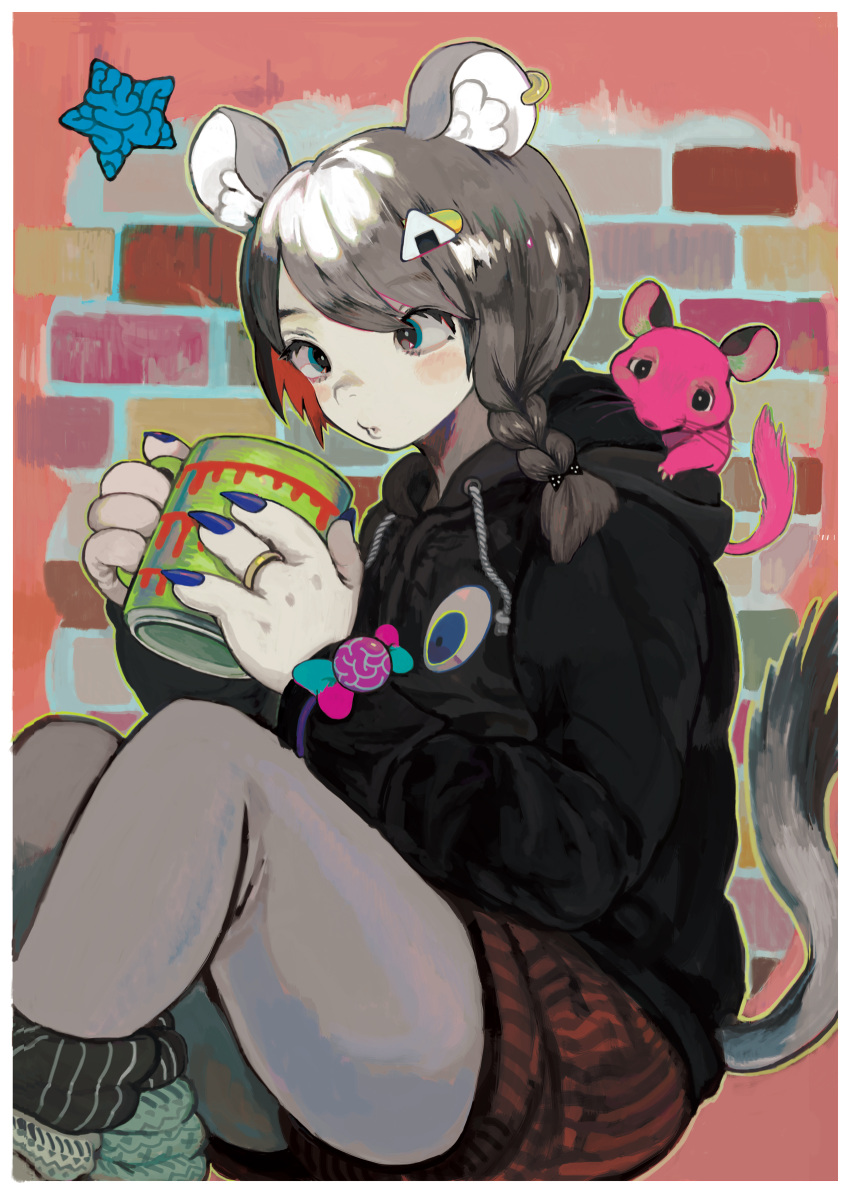 1girl animal_ears animal_on_shoulder blowing blue_eyes blush_stickers braid cup earrings grey_hair hair_ornament hairclip highres honenoumi hoodie jewelry leg_warmers mouse mouse_ears mouse_tail mug nail_polish original ring shorts side_braid single_braid sitting tail