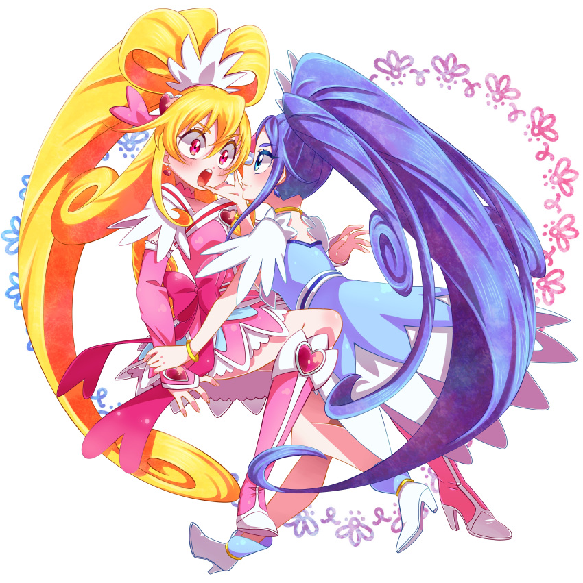 2girls absurdres aida_mana blonde_hair blue_eyes blue_hair blush cure_diamond cure_heart dokidoki!_precure eye_contact floral_background hand_on_another's_cheek hand_on_another's_face highres hishikawa_rikka light_smile long_hair looking_at_another multiple_girls open_mouth pink_eyes ponytail precure white_background wrist_grab yupiteru yuri