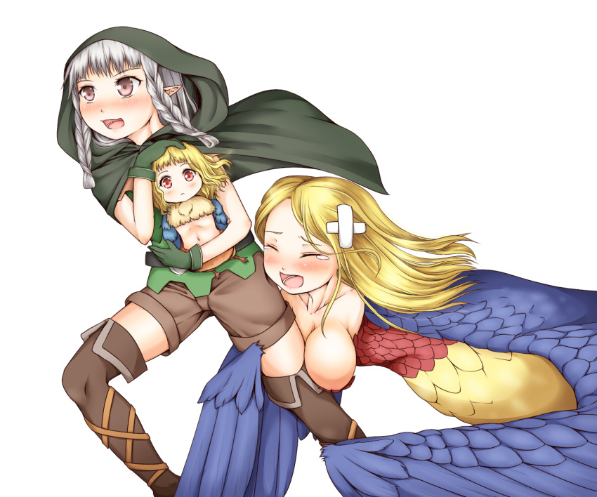 3girls :&lt; bandages belt bird blonde_hair boots braid breasts brown_eyes carrying chick cleavage cloak closed_eyes cross-laced_footwear dragon's_crown elf elf_(dragon's_crown) feathered_wings harpy haty hood large_breasts leg_hug long_hair monster_girl multiple_girls navel pointy_ears red_eyes shorts silver_hair simple_background take_it_home tears thigh-highs thigh_boots twin_braids white_background wings