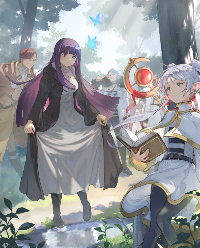 3boys 3girls belt black_belt black_boots black_choker black_pantyhose black_robe blue_butterfly blue_pants blunt_bangs book boots breasts brown_boots brown_cloak brown_hair bug butterfly capelet choker cloak closed_mouth coat commentary_request dress earrings ehre_(sousou_no_frieren) elf facial_hair fern_(sousou_no_frieren) forest frieren full_body fur-trimmed_coat fur_trim gold_trim green_eyes grey_hair grey_shirt hero_of_the_south_(sousou_no_frieren) highres holding holding_book jacket jewelry leaf long_coat long_hair mage_staff medium_hair multiple_boys multiple_girls mustache nature on_tree_stump open_book outdoors pants pantyhose parted_bangs petite pink_cloak pointy_ears purple_hair purple_pupils robe scharf_(sousou_no_frieren) shirt short_hair skirt skirt_hold small_breasts smile sousou_no_frieren staff straight_hair striped_clothes striped_shirt teardrop_earrings tree tree_stump twintails ve_0ekaki violet_eyes water white_capelet white_coat white_dress white_hair white_jacket white_shirt white_skirt wirbel_(sousou_no_frieren)