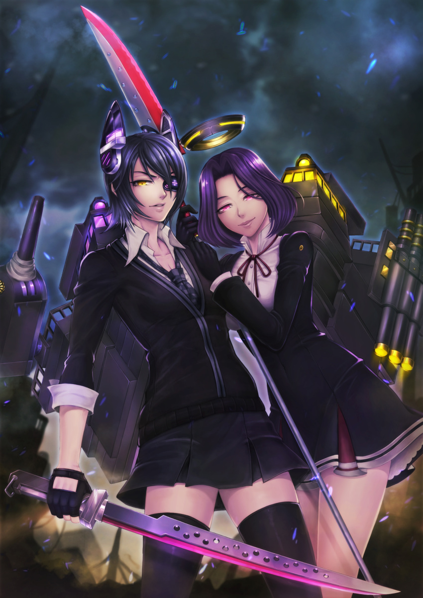 2girls checkered_necktie eyepatch fingerless_gloves glaive gloves headgear highres kantai_collection light_particles lips looking_at_viewer mecha_musume mechanical_halo momoman_(pink_voltage) multiple_girls necktie parted_lips personification purple_hair school_uniform short_hair skirt smile sword tatsuta_(kantai_collection) tenryuu_(kantai_collection) thighhighs violet_eyes weapon yellow_eyes zettai_ryouiki