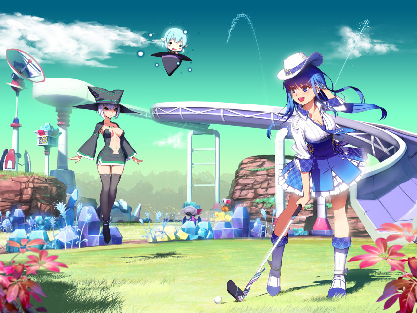 arin bare_shoulders blue_eyes blue_hair blush breasts cadie clouds detached_sleeves dress golf_club green_eyes hat highres kamdia long_hair pangya short_hair sky smile thigh-highs white_hair witch witch_hat