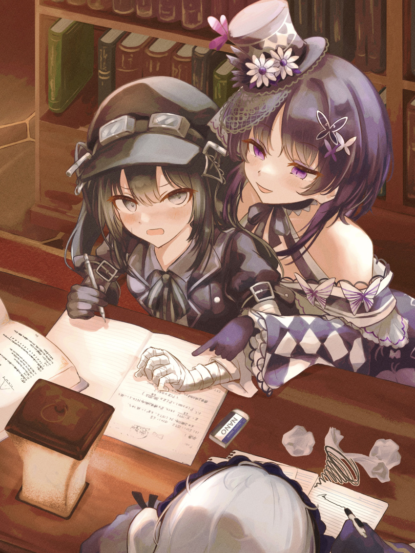 3girls :d absurdres bandaged_arm bandages black_dress black_gloves black_hair black_hat black_jacket black_ribbon book commentary_request crumpled_paper dress eraser gloves goggles goggles_on_headwear hat highres holding holding_pencil housho_margo jacket japanese_clothes kimono kurobe_nanoka library long_hair mahou_shoujo_no_majo_saiban mini_hat multiple_girls natsume_an-an neck_ribbon okanda open_clothes open_jacket open_mouth pencil purple_gloves purple_kimono ribbon short_hair single_glove smile twintails v-shaped_eyebrows violet_eyes
