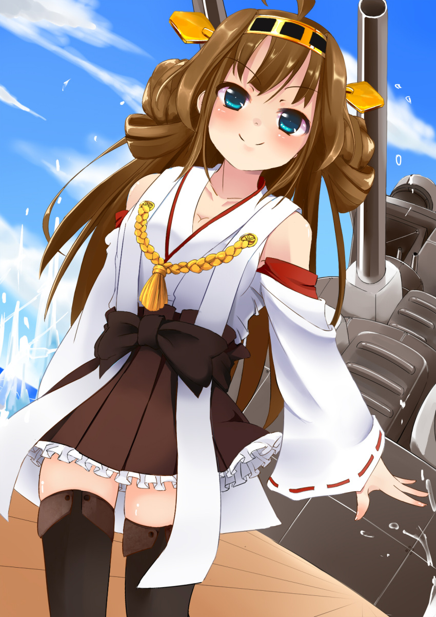 1girl bare_shoulders black_legwear blue_eyes blue_sky blush boots breasts brown_hair clouds detached_sleeves double_bun hair_ornament hairband headgear highres japanese_clothes kantai_collection kongou_(battleship) kongou_(kantai_collection) long_hair miko open_mouth personification ribbon_trim ship skirt sky smile solo thigh_boots thighhighs wakamizu wide_sleeves
