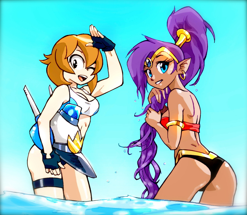 2girls adapted_costume ass back bare_shoulders bikini blue_eyes blue_sky company_connection dark_skin earrings fingerless_gloves forehead_jewel gloves hair_tubes headwear_removed helmet helmet_removed highres hoop_earrings jewelry long_hair mighty_(series) mighty_switch_force! multiple_girls ocean orange_hair patricia_wagon pointy_ears ponytail purple_hair salute shantae shantae_(character) short_hair sky swimsuit tankini thigh_strap tiara twisted-wind very_long_hair wading wet_hair