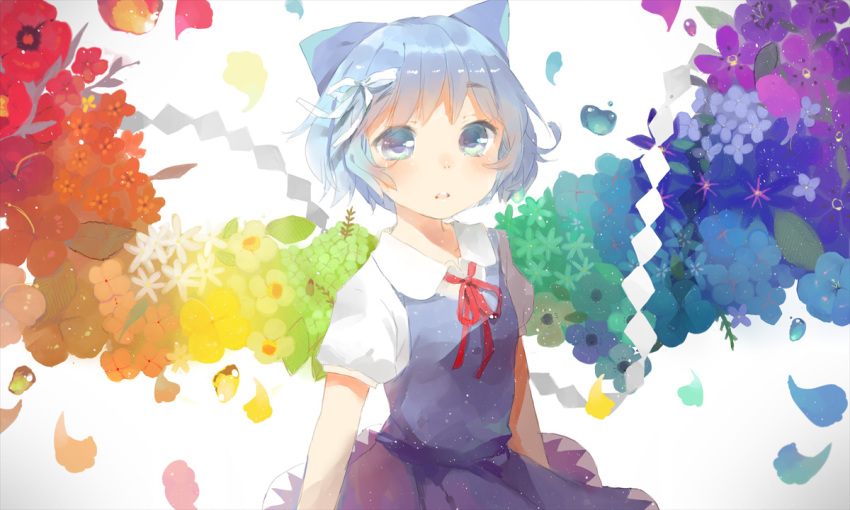 1girl acidear blue_dress blue_eyes blue_hair bow cirno dress flower hair_bow looking_at_viewer puffy_sleeves shirt short_sleeves solo touhou