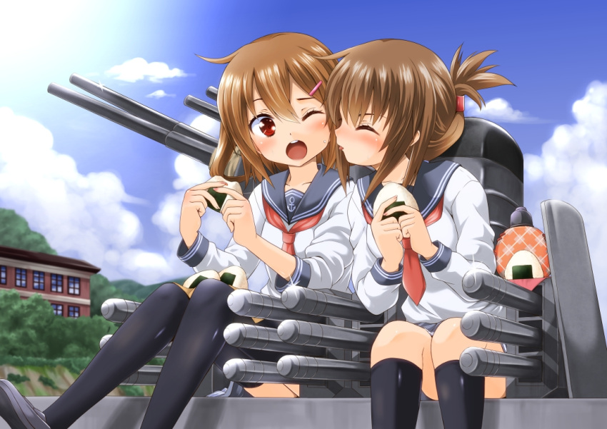 2girls blush brown_hair eating food food_on_face hair_ornament hairclip half_updo ikazuchi_(kantai_collection) inazuma_(kantai_collection) kantai_collection licking machinery multiple_girls onigiri personification red_eyes rice_on_face sailor_dress sinnosuke thermos thighhighs tongue turret wink