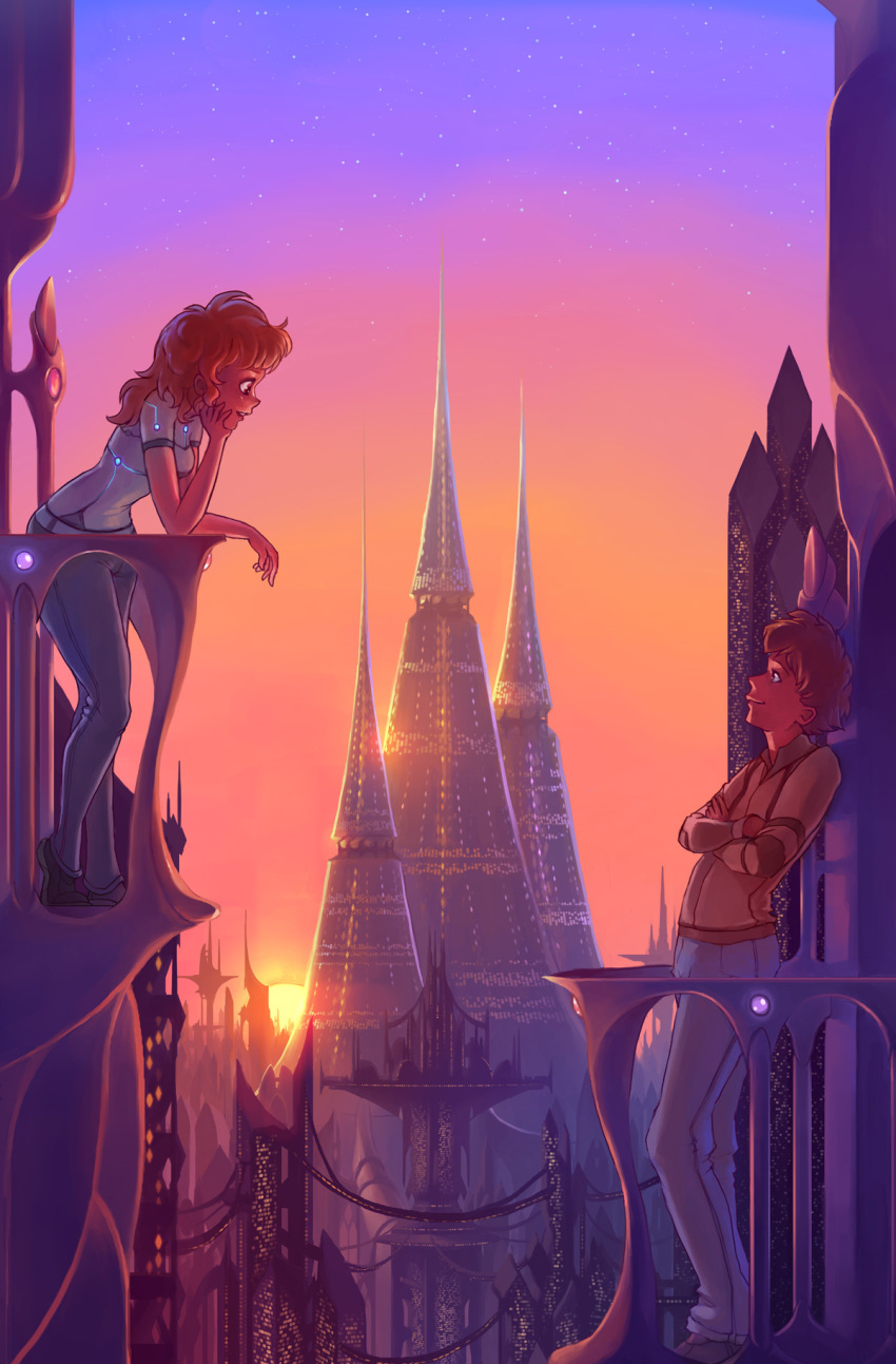 1boy 1girl balcony brown_hair building chin_rest cover cover_page highres neon_trim orange_hair rtil science_fiction seed_of_eons sky skyscraper star_(sky) starry_sky sunset talking