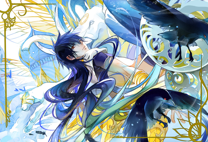 1boy alternate_hairstyle aqua_hair bird black_hair blue_hair border brown_eyes crop_top crow east_asian_architecture elephant feathers floating hair_down harem_pants jewelry judal long_hair looking_over_shoulder magi_the_labyrinth_of_magic male midriff multicolored_hair niaoniaoyoo panther tusks very_long_hair wrist_cuffs