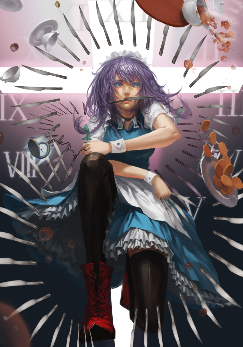 1girl blue_hair boots braid cmy highres izayoi_sakuya knife kooki long_hair mouth_hold solo thighhighs touhou twin_braids