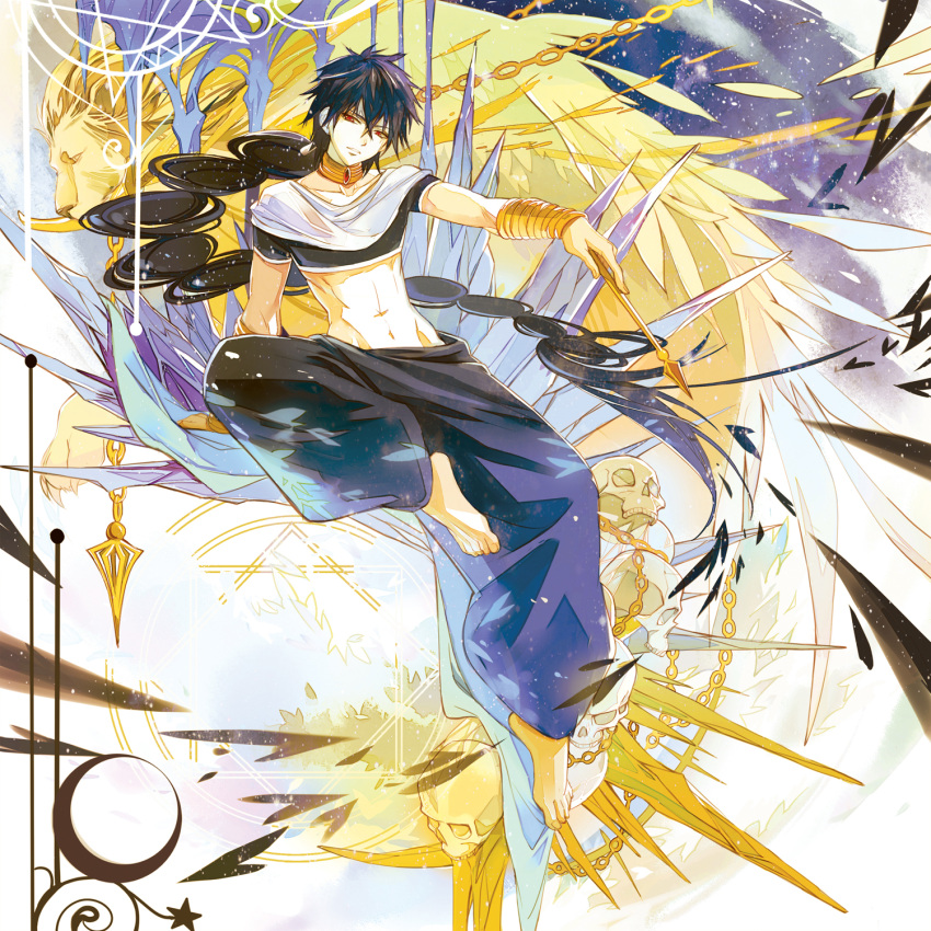 1boy arm_support barefoot black_hair braid chain chimera crop_top crystal hair_tubes harem_pants highres hip_lines jewelry judal leg_up long_hair looking_at_viewer magi_the_labyrinth_of_magic male midriff navel neck_ring niaoniaoyoo red_eyes single_braid sitting skull toned very_long_hair wand