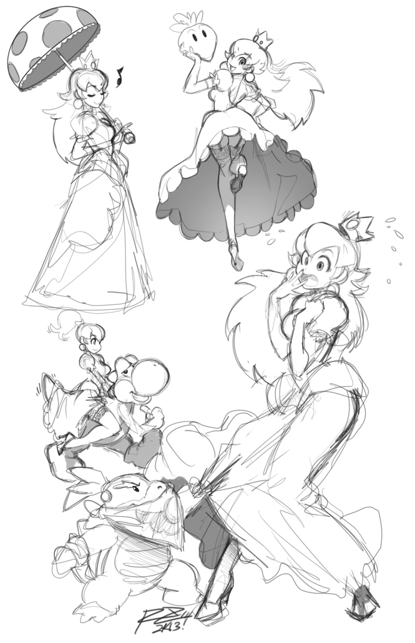 1girl alternate_hairstyle bowser_jr. closed_eyes collage crown earrings face_mask flying_sweatdrops garter_straps highres jewelry long_hair long_skirt mask monochrome musical_note ponytail princess_peach puffy_short_sleeves puffy_sleeves riding robert_porter short_sleeves sketch skipping skirt smile super_mario_bros. thigh-highs turnip umbrella yoshi