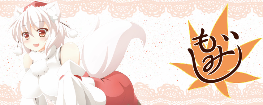 1girl animal_ears bent_over blush character_name detached_sleeves hajime_(ak-r) hat highres inubashiri_momiji lace_background open_mouth pom_pom_(clothes) red_eyes solo tail tokin_hat touhou white_hair wolf_ears wolf_tail