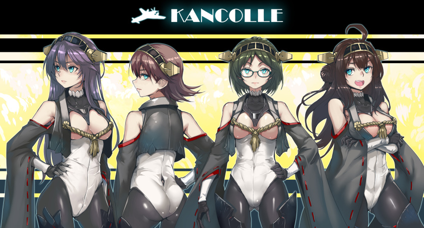 4girls ahoge ass black_hair black_legwear blue_eyes blush breasts brown_hair detached_sleeves glasses hairband hand_on_hip haruna_(kantai_collection) hiei_(kantai_collection) highres kantai_collection kirishima_(kantai_collection) kongou_(kantai_collection) large_breasts leg_warmers long_hair long_sleeves looking_at_viewer multiple_girls pantyhose personification realmbw short_hair smile wide_sleeves wo-class_aircraft_carrier wo-class_aircraft_carrier_(cosplay)