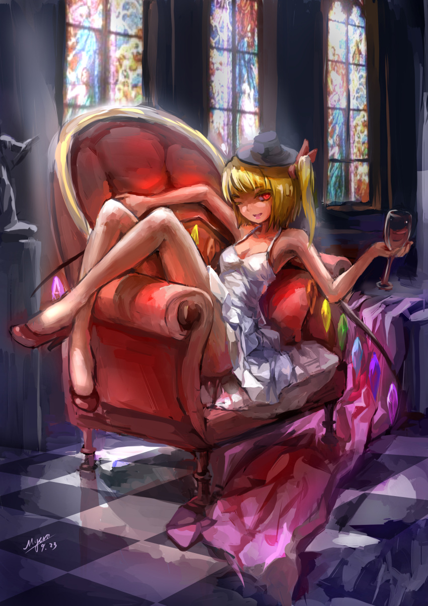 1girl absurdres alternate_costume bare_arms bare_shoulders blonde_hair chair crossed_legs_(sitting) cup dress flandre_scarlet hair_ribbon hat highres myero red_eyes red_shoes ribbon shoes side_ponytail sitting sleeveless sleeveless_dress smile solo stained_glass tile_floor tiles touhou white_dress window wine_glass wings wink