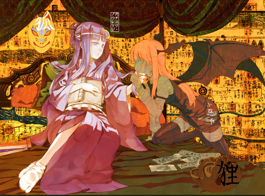 2girls adapted_costume bat_wings book closed_eyes cosmic_(crownclowncosmic) crescent fox_mask hair_ornament hand_on_another's_face head_wings highres koakuma long_hair mask multiple_girls open_mouth patchouli_knowledge purple_hair redhead tabi touhou violet_eyes white_legwear wings