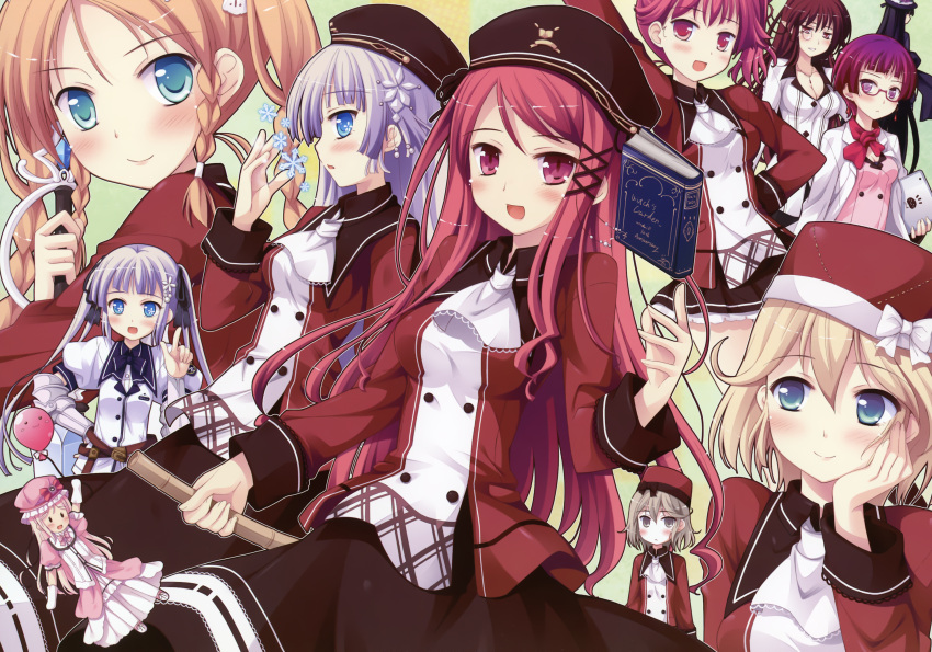 6+girls :d blonde_hair blue_eyes book breasts brown_hair character_request cleavage hat hatano_ririko highres hinomiya_ayari ko~cha multiple_girls open_mouth purple_hair redhead saimon_eclair saimon_misumi siblings sisters smile snowflakes sword tagme twintails violet_eyes weapon witch's_garden witch_hat yukimura_suzuno