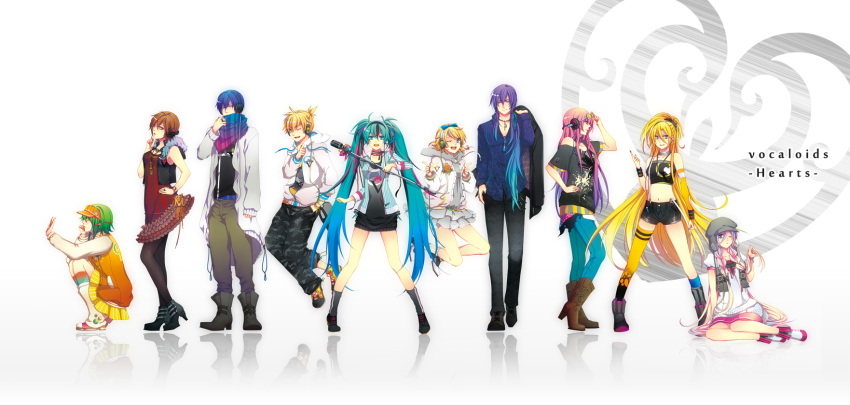 3boys 6+girls aqua_hair blonde_hair blue_hair boots bracelet brown_hair copyright_name domco green_hair gumi hand_on_hip hat hatsune_miku headphones high_heels highres ia_(vocaloid) jeans jewelry jumping kagamine_len kagamine_rin kaito kamui_gakupo lily_(vocaloid) long_hair megurine_luka meiko microphone midriff multiple_boys multiple_girls navel necklace open_mouth pantyhose ring scarf short_hair single_thighhigh sitting skirt squatting suspenders thighhighs twintails very_long_hair vocaloid wink